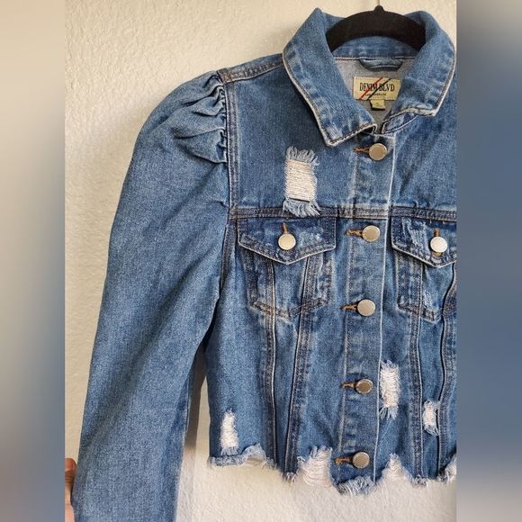 Denim Blvd Los Angeles Puff Sleeve Ripped Raw Hem Crop Jean Jacket Dark Blue S - Picture 6 of 12